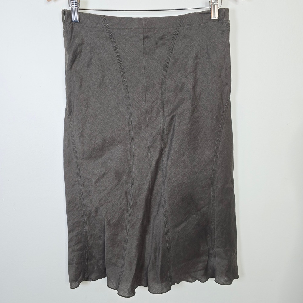 MNG Mango Women Dark Olive Brown 100% Ramie A-Line Midi Skirt Size 6 Side Zip - Picture 2 of 6